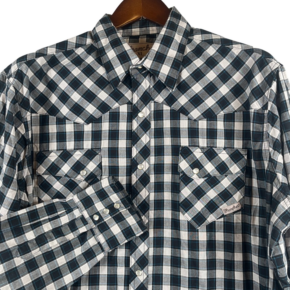 Wrangler Pearl Snap Western Plaid Shirt XL Black Blue Long Sleeve Cowboy Rodeo